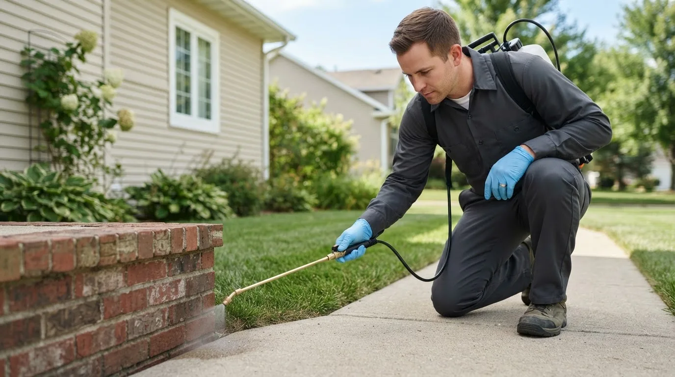 Pest control technician treating a home near Greencastle, IN