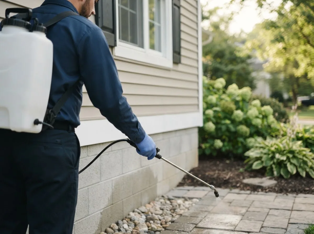 Pest control technician inspecting a home in Greencastle, IN